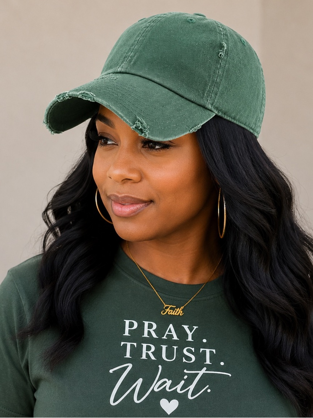 Women's Distressed Baseball Cap - Olive Green